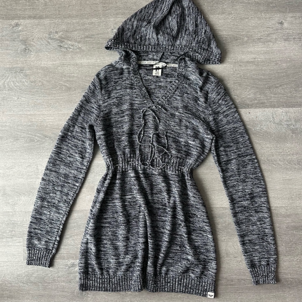 Roxy Grey knitted hooded v neck hoodie sweater mini dress/ long top size L